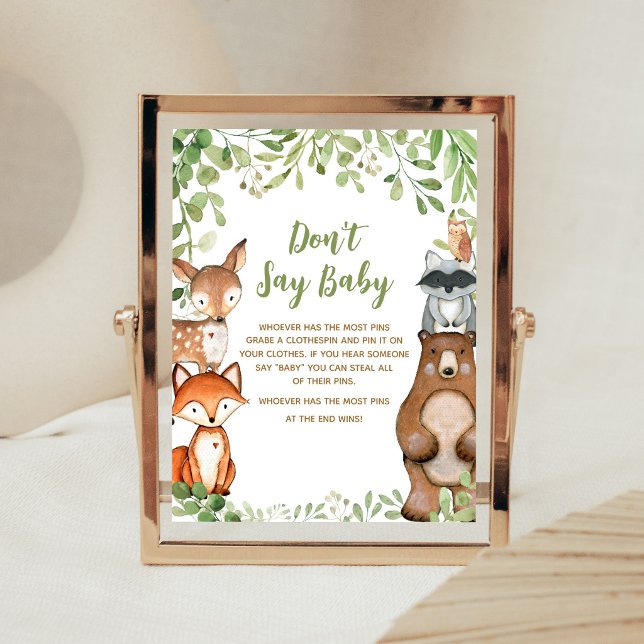 Grönska Skogsbarnvigning Utan texten 'Baby' skylt (Woodland Animals Baby Shower Don't Say Baby Sign)