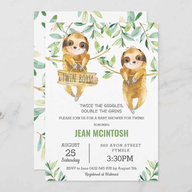 Grönska Söt Dovbaby Baby Shower Tvillingpojkar Tvi Inbjudningar (Fram/baksida)