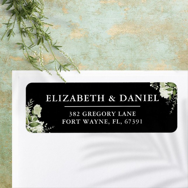 Grönska Svart Och Vitt Bröllop Returadress Etikett (Greenery Black And White Wedding Return Address Label)