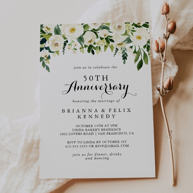 Grönska Vit Blommig 50-års bröllopsjubileum Inbjudningar (Skapare uppladdad)