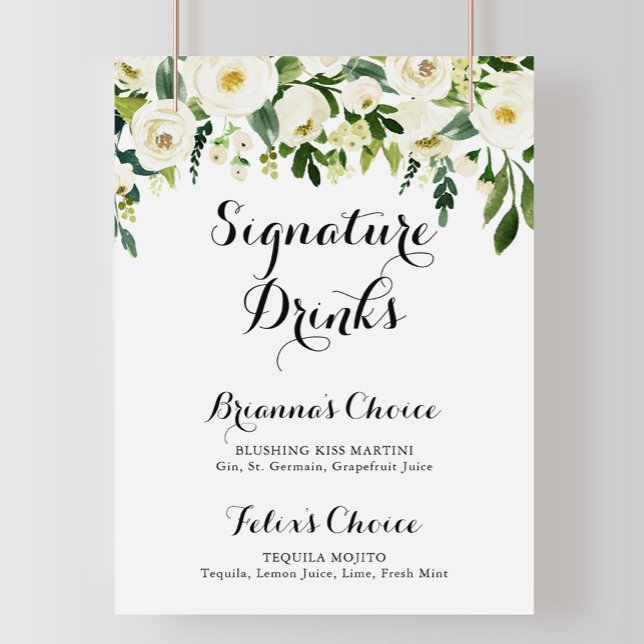 Grönska Vit Höst Blommig Signaturdryckskylt Poster (Skapare uppladdad)