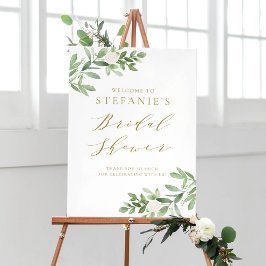 Grönska Vita Blommor Guld Bröllopsdusch Välkommen Poster