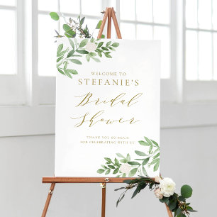 Grönska Vita Blommor Guld Bröllopsdusch Välkommen Poster