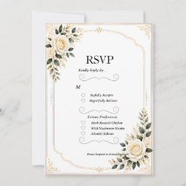 Grönska & Vita Rosor Guld Ram Bröllop RSVP