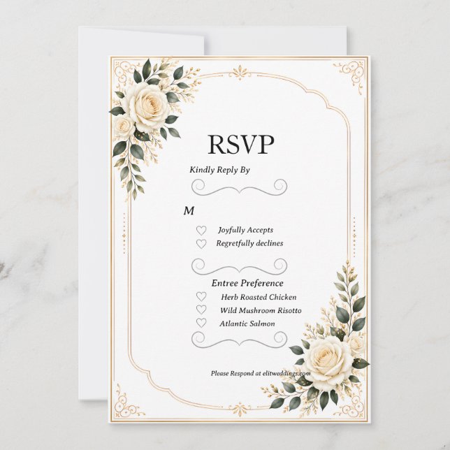 Grönska & Vita Rosor Guld Ram Bröllop RSVP  (Framsida)