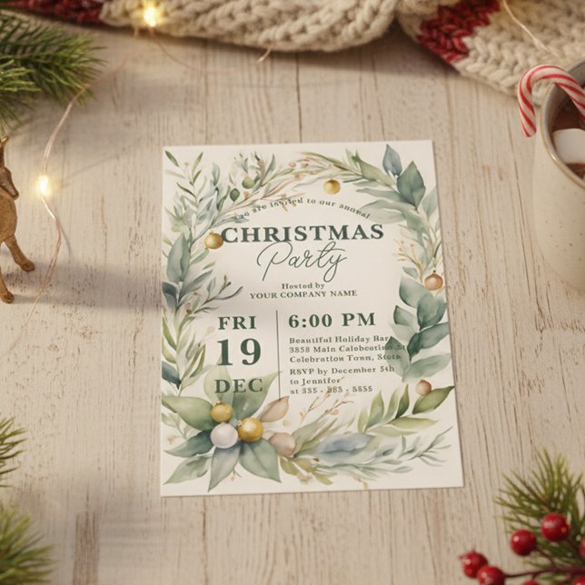 Grönskande akvarellprydnad krans julfest inbjudningar (Skapare uppladdad)