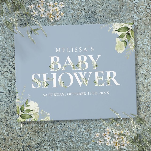 Grönskande Bokstäver Dammt blåa Babyfirande Gästböcker (Greenery Letter Dusty Blue Baby Shower Guest Book)