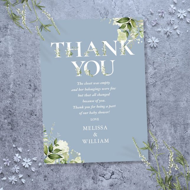 Grönskande Bokstäver Dammtorblue Barnkalas Dikt Tack Kort (Greenery Letter Dusty Blue Baby Shower Poem Thank You Card)