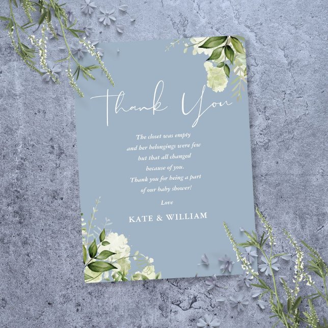 Grönskande dammig blå baby shower-dikt tack kort (Greenery Dusty Blue Baby Shower Poem Thank You Card)