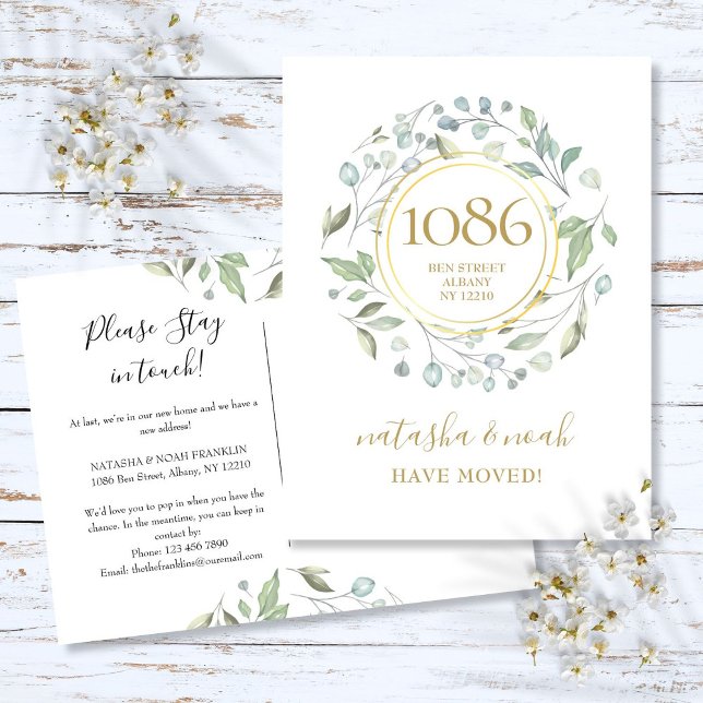 Grönskande Girland Guld Ny Adress Vi Har Flyttat Meddelande Vykort (Greenery Garland Gold New Address We've Moved Anno Announcement Postcard)