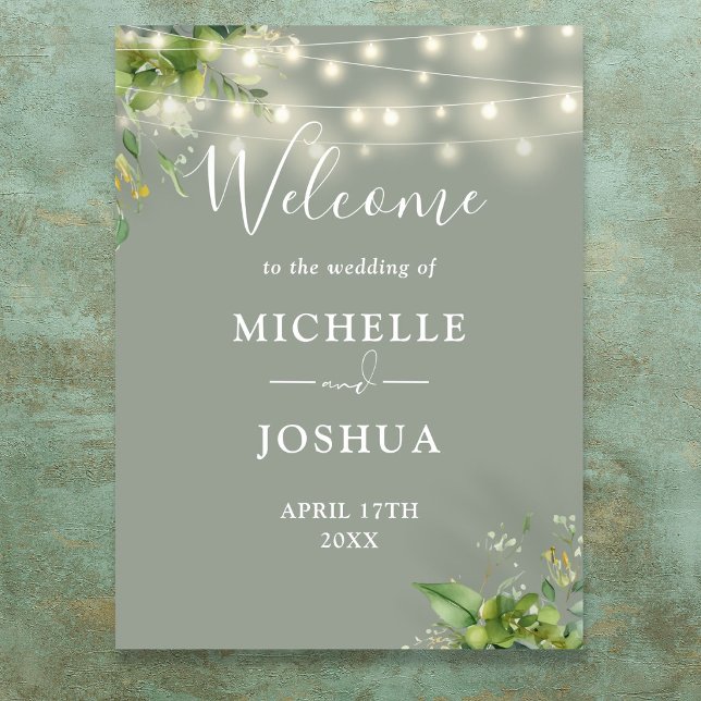 Grönskande ljus Sage grön bröllops välkomstskylt Poster (Greenery Lights Sage Green Wedding Welcome Sign)