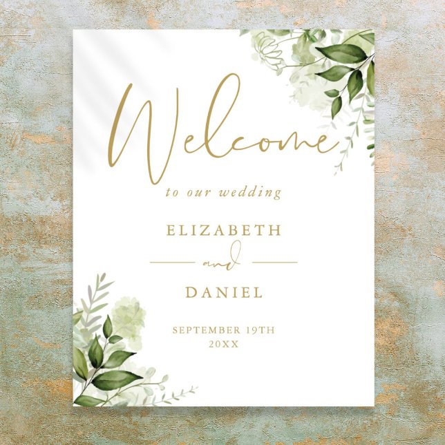 Grönskande lövbröllop Guld Välkomstskylt Poster (Greenery Foliage Wedding Gold Welcome Sign)