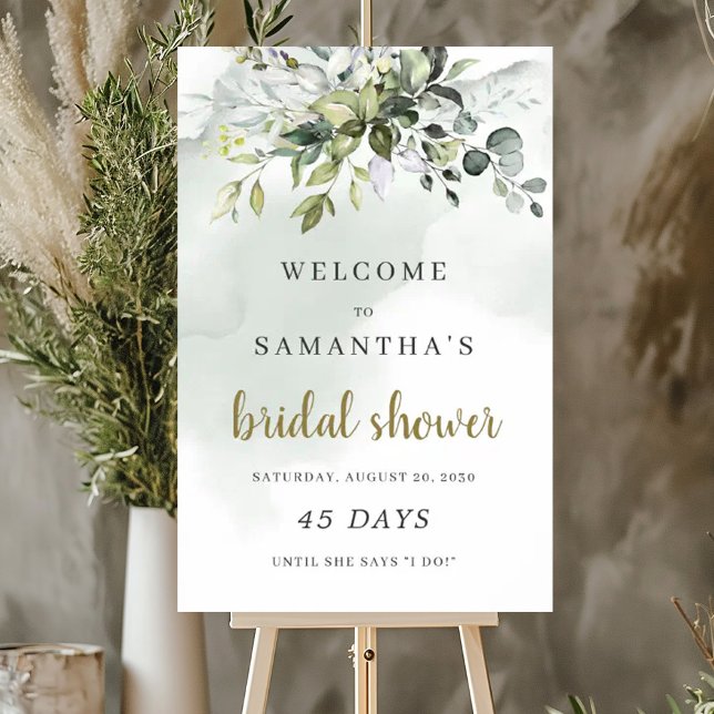 Grönskande lövverk boho bröllopsdusch nedräkningss poster (Greenery foliage boho bridal shower countdown sign)