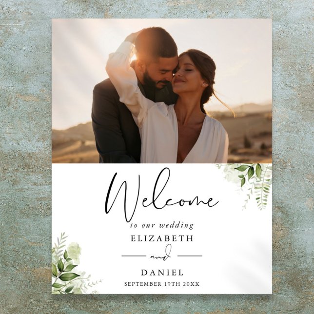 Grönskande lövverk Foto Bröllops välkomstskylt Poster (Greenery Foliage Photo Wedding Welcome Sign)