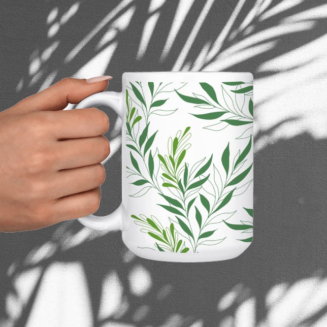 Grönskande Lövverk Mönster Elegant Grönt Och Vitt Kaffemugg (Skapare uppladdad)
