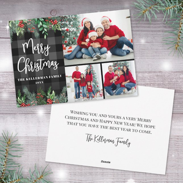 Grönskande Rutig Julfotografi Julkort (Greenery Plaid Photo Collage Merry Christmas Holiday Card)