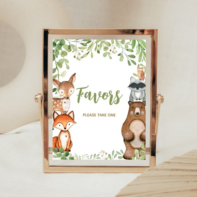 Grönskande Skogs Babyfirande Förmånsskylt Poster (Woodland Animals Baby Shower Favors Sign)