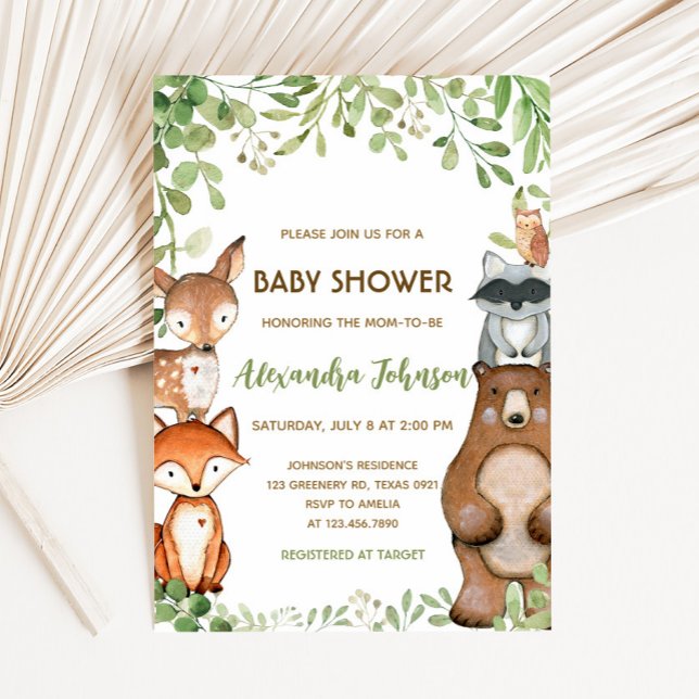 Grönskande Skogs Barnkalas Inbjudan (Woodland Animals Baby Shower Invitation)