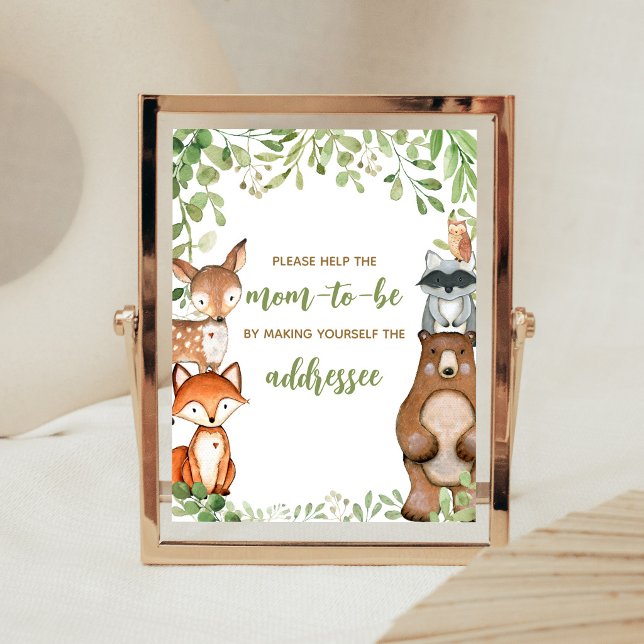 Grönskande Skogsbads Kuvert Station skylt (Woodland Animals Baby Shower Envelope Station Sign)