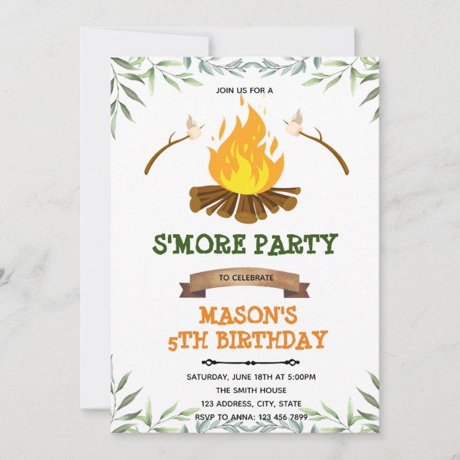 Grönskande s'more camp födelsedagsinbjudan inbjudningar (Framsida)