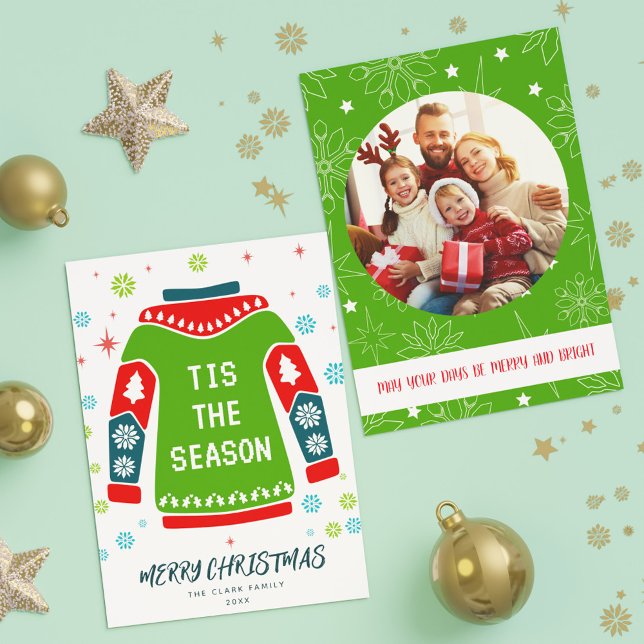 Grönt 1 Fotofamilj Ugly Sweater Tis säsong Julkort (Green 1 Photo Family Ugly Sweater Tis the Season Holiday Card)