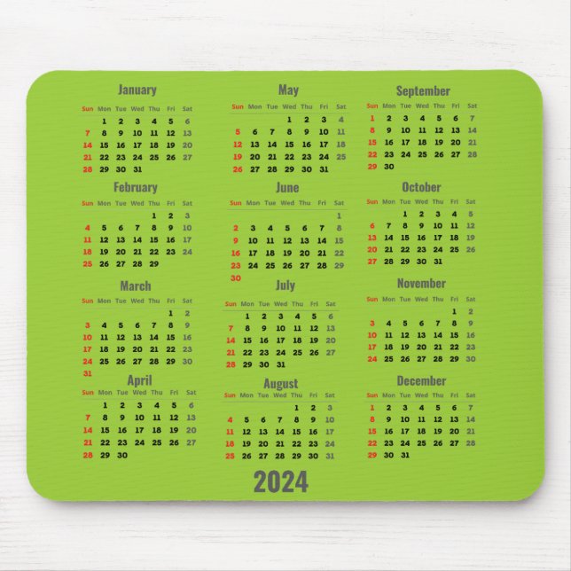 grönt 2024 Gult 52 veckors kalender Musmatta (Framsidan)