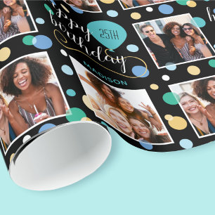 Grönt 25:e Åldersfotokollage Birthday Balloon Presentpapper