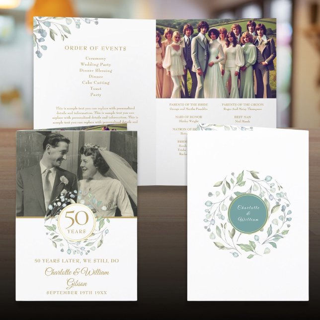 Grönt 2 Foto 50-årsjubileum Bröllopsfest Program (Greenery 2 Photo 50th Wedding Anniversary Party Program)