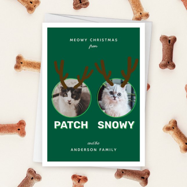 Grönt 2 Pet Photo Meowy jul-Helgdag Julkort (Green two photo pet Christmas holiday card with message "Howly Holidays" with two sets of antlers)