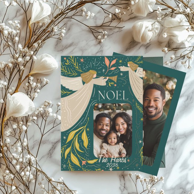 Grönt 2 Photo Noel Card med Änglar-gratulationskor Julkort (Green Noel Holiday 2 Photo Greeting Card)