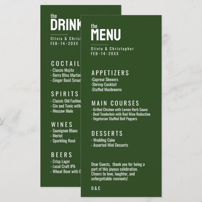 Grönt 2-sidig MENU + DRINKS-minimalistisk fetstil Meny (Fram/baksida)