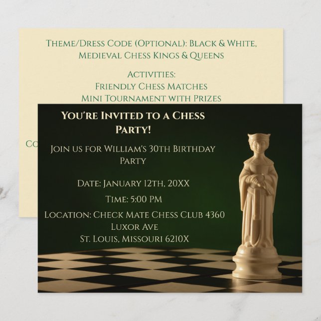 Grönt 30års födelsedag Party Chess Queen Inbjudningar (Fram/baksida)