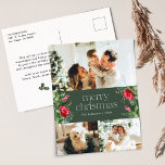 Grönt 3 Foto God jul Watercolor Greenery Vykort<br><div class="desc">Den här samlingen har vattenfärgade röda blommigtar,  bär och vintergröna med modern och elegant typografi,  med ett botaniskt mönster baksida på vintern.</div>