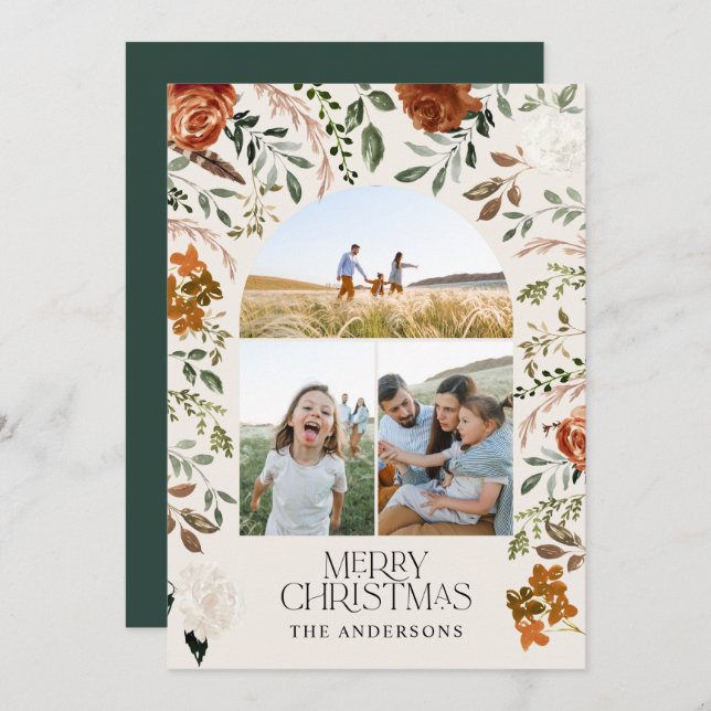 Grönt 3-fotobotanisk elegant Rustic Arch Julkort (Fram/baksida)