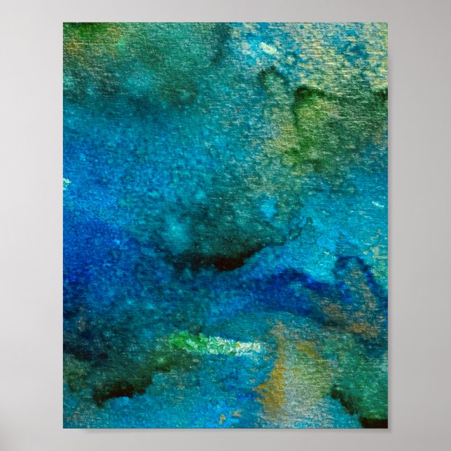 Grönt abstrakt Roligt Vattenfärg Art Blue Aqua Uni Poster (Framsidan)