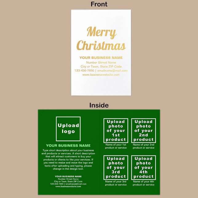Grönt affärsmärke på julfolie kort (Green business brand with products or services on Christmas folded foil card.)
