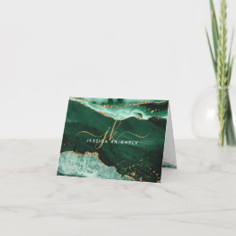 Grönt Agate Geode Guld Glitter Monogram-skript Anteckningskort