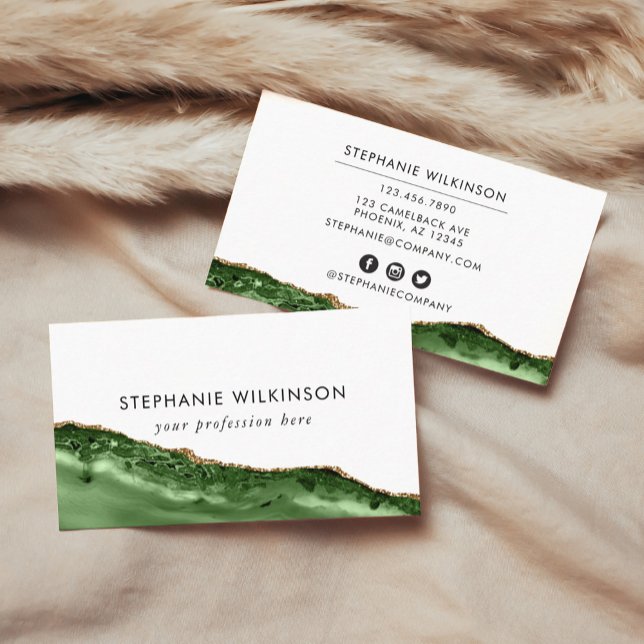 Grönt Agate & Guld Gräns Watercolor Visitkort (Green Agate & Gold Border Watercolor Business Car Business Card)