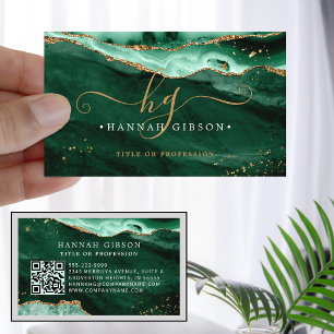 Grönt Agate-skript Monogram QR-kod Glitter Visitkort