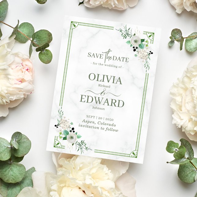 Grönt akvarell blommande med marmor Bröllop Spara Datumet (Skapare uppladdad)
