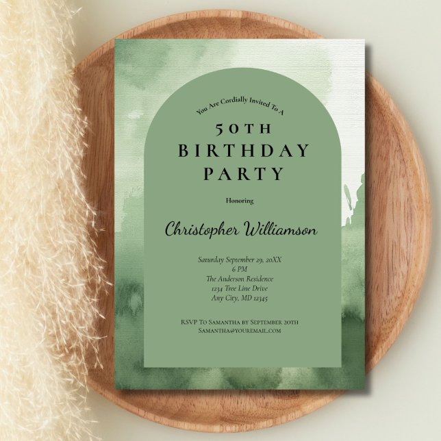 Grönt akvarell mans modernt valv 50-årsdag inbjudningar (Green Watercolor Modern Arch 50th Birthday invitation for him)