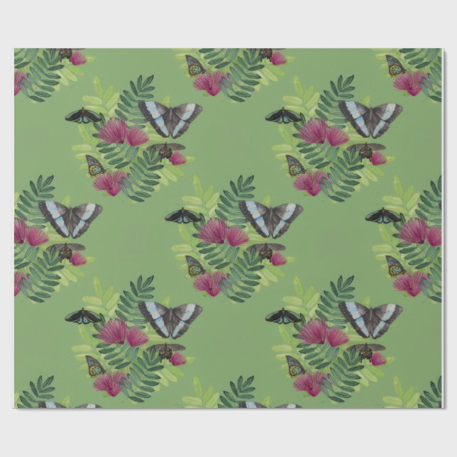 Grönt akvarellfjäril blomsterinpackningspapper presentpapper (Platt)
