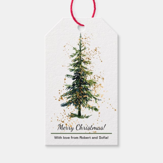 Grönt akvatintgran Merry Christmas Vitt Presentetikett (Framsidan)