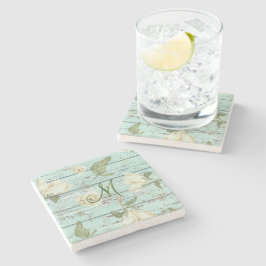 Grönt Åldras Wood Monogram med Magnolias Stenunderlägg