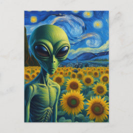 Grönt Alien i en Faux Van Gogh-solros Fält Vykort