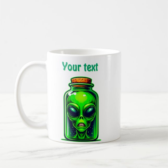 Grönt Alien i en Flaska Neon Sci-Fi Illustration Kaffemugg (Vänster)