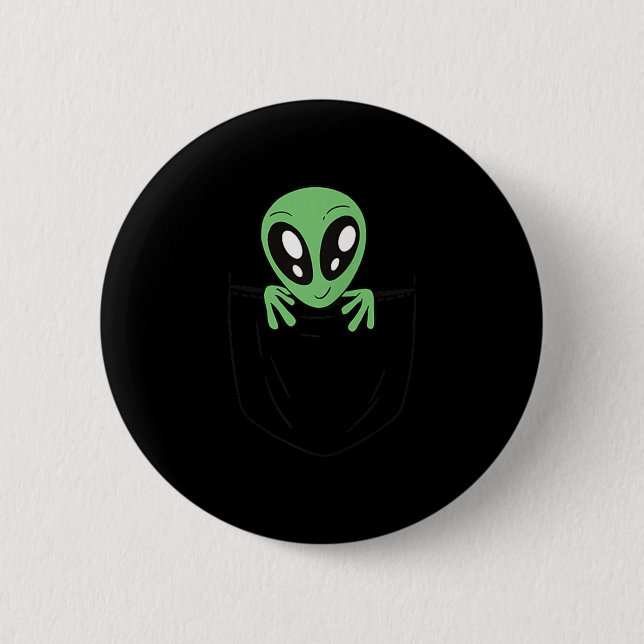 Grönt Alien i en Pocket Funny Sci Fi-grafik Knapp (Framsida)