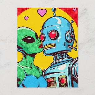 Grönt Alien i Kärlek med en robot Vykort