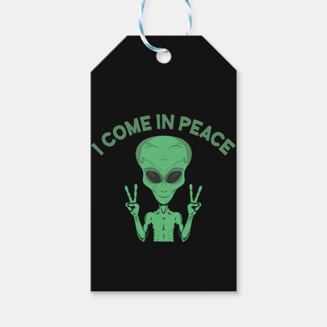 Grönt Alien I Kom in Peace Extraterrestrial UFO Presentetikett (Framsidan)