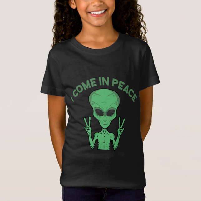 Grönt Alien I Kom in Peace Extraterrestrial UFO T Shirt (Framsida)